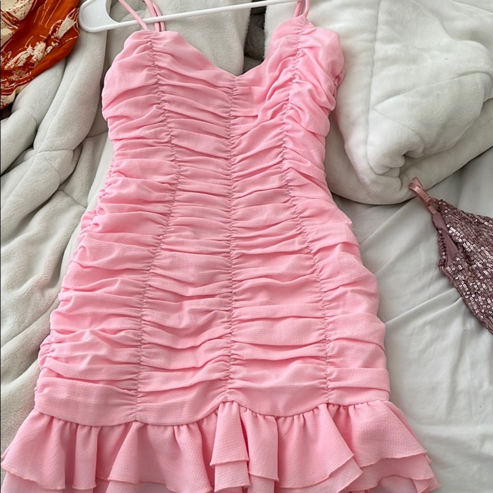 Adorable pink mini party dress with ruching